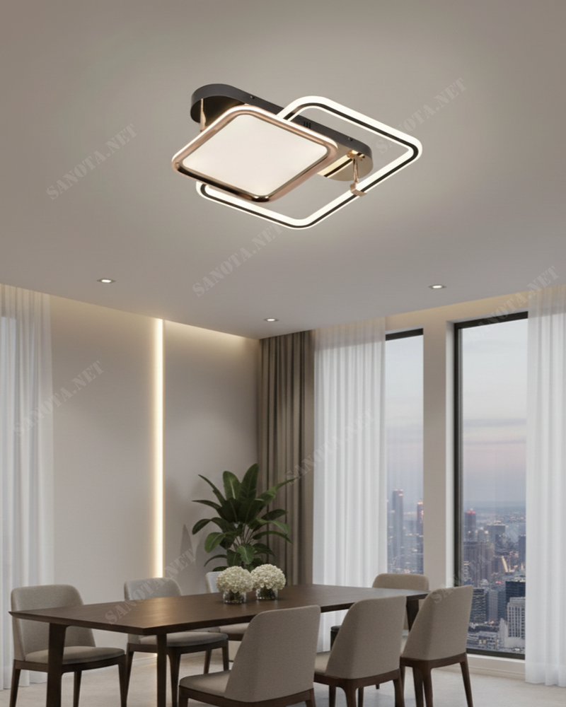 Đèn ốp trần led hai hình vuông SNT3845 lý tưởng cho các căn hộ có trần không quá cao. Thiết kế là sự hòa quyện giữa khung kim loại màu vàng hồng sang trọng