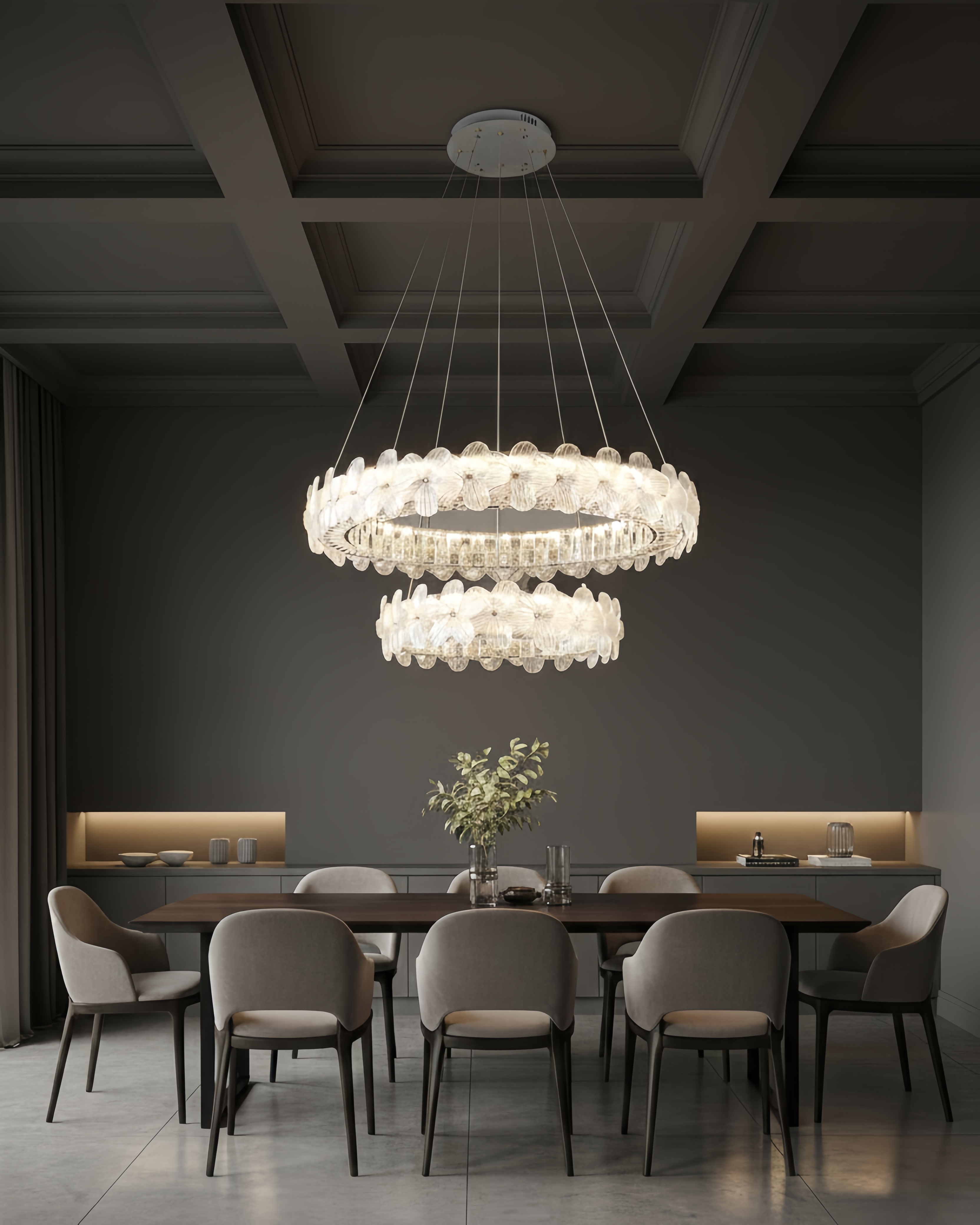 Đèn chùm led vòng hoa đôi SNT3928 kích thước của đèn giúp nó trở thành một điểm nhấn cân đối trên trần nhà, lý tưởng cho phòng khách, phòng ăn....