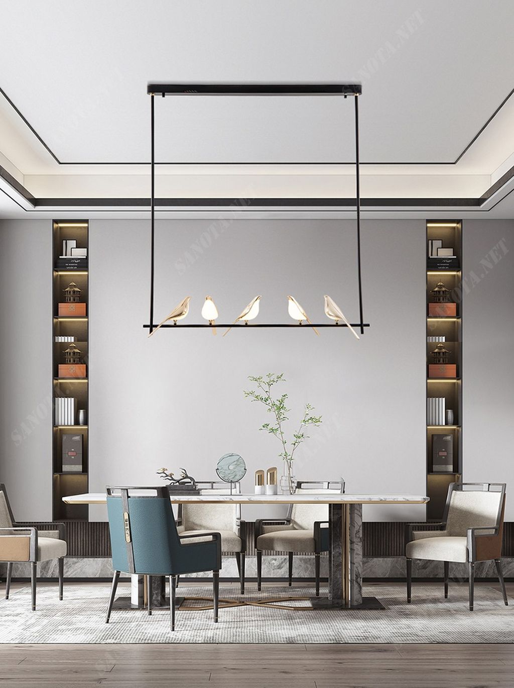 một chiếc đèn chùm led hiẹn đại với thiết kế đơn giản chỉ là một thanh kim loại được sơn tĩnh điện màu đen, khung kim loại được thả tự do giữa không gian với điểm cố định cho chiếc đèn là đế đèn được cố định chắc chắn trên trần nhà, chiếc đèn còn có điểm nhấn ở những chú chim có những bóng đèn led bên trong được gắn trên thanh kim loại, điểm nhấn đặc biệt khiến cho mọi người không thể rời mắt, một chiếc đèn hiện đại đơn giản phù hợp với nhiều không gian và phong cách trang trí