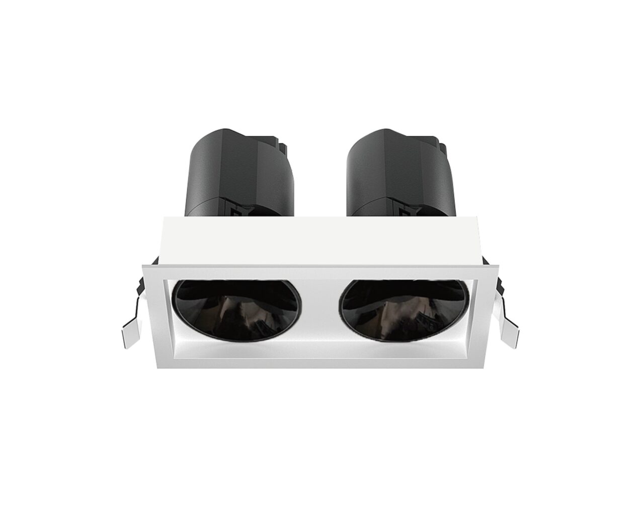 Đèn âm trần spotlight ống bơ đôi 12W S126 với thiết kế hình hộp chữ nhật màu trắng với hai ống chiếu sáng đen, tạo sự tương phản và hiện đại.