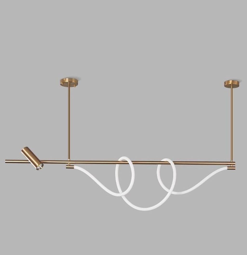 Điểm nổi bật của chiếc đèn thả hiện đại này nằm ở chi tiết LED dây tạo hình vòng lặp mềm mại như dải lụa lơ lửng. Ánh sáng trắng dịu nhẹ mang đến cảm giác ấm cúng cho bữa cơm gia đình, đồng thời đủ nổi bật để trở thành tâm điểm trong phòng ăn, quầy bar hay không gian tiếp khách.