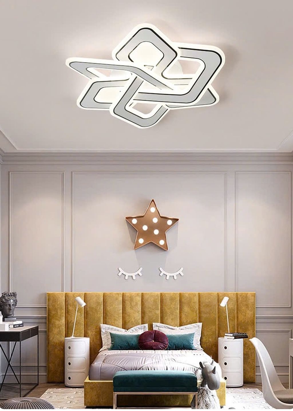 Ngay từ cái nhìn đầu tiên, mẫu đèn trần LED này đã gây ấn tượng mạnh bởi hình khối hình học lồng ghép đầy nghệ thuật, tạo cảm giác chuyển động không ngừng và chiều sâu thị giác. Ánh sáng LED trắng dịu được phân bố đều khắp các khung đèn, mang đến hiệu ứng ánh sáng mượt mà, không chói mắt, phù hợp cho cả không gian nghỉ ngơi và làm việc.