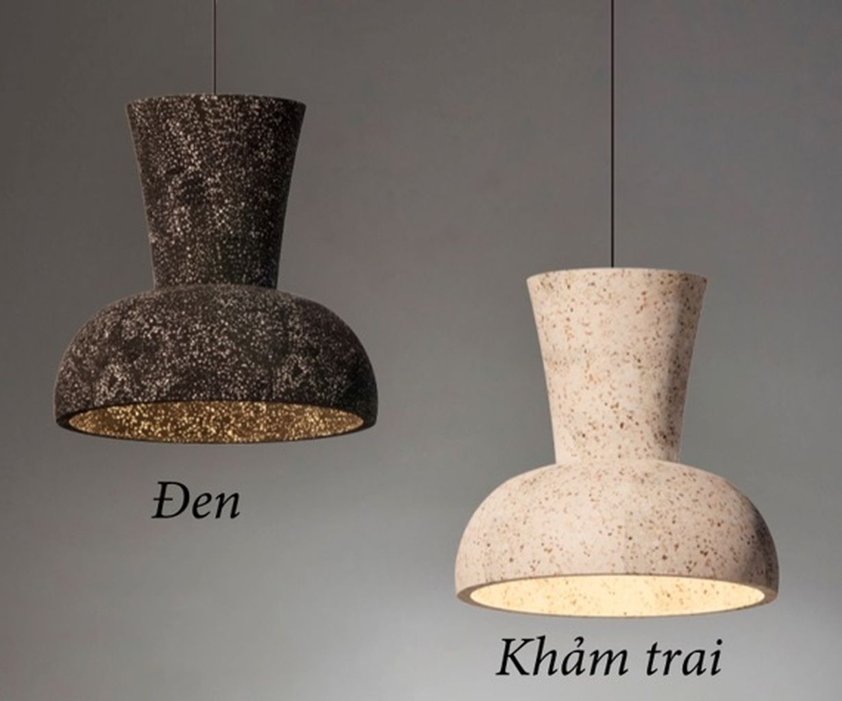 Đèn thả bê tông đá mài được chế tác từ đá mài tự nhiên, mẫu đèn thả này sở hữu bề mặt sần nhẹ, mộc mạc nhưng đầy cuốn hút. Phần chao đèn hình phễu úp ngược mềm mại, tạo nên hình khối cân đối và hiện đại. Điểm nhấn nổi bật chính là lớp khảm trai tinh xảo được điểm xuyết nhẹ nhàng. Tạo hiệu ứng ánh sáng lung linh và ấm áp khi đèn được thắp sáng.