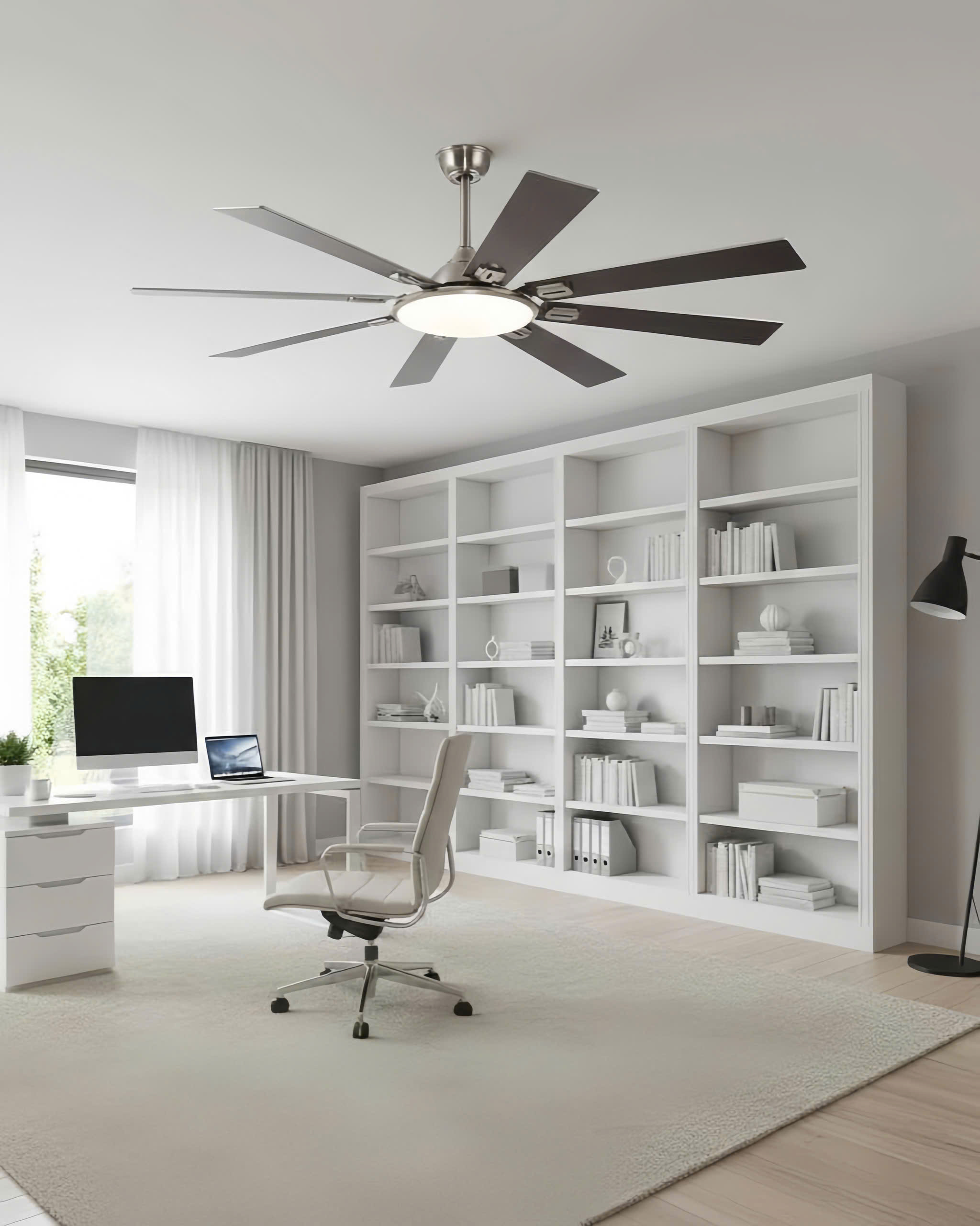 Chiếc quạt trần kết hợp đèn LED tạo ra một không gian ấm áp và hiện đại. Chiếc quạt này, với vẻ ngoài đơn giản nhưng không kém phần sang trọng. Là điểm nhấn hoàn hảo cho bất kỳ không gian nào. Thân quạt kim loại màu bạc làm nổi bật vẻ cá tính và độ lịch lãm. Năm cánh quạt được làm từ chất liệu nhựa nhẹ và bền. Mang lại sự mạnh mẽ và độ bền cao.