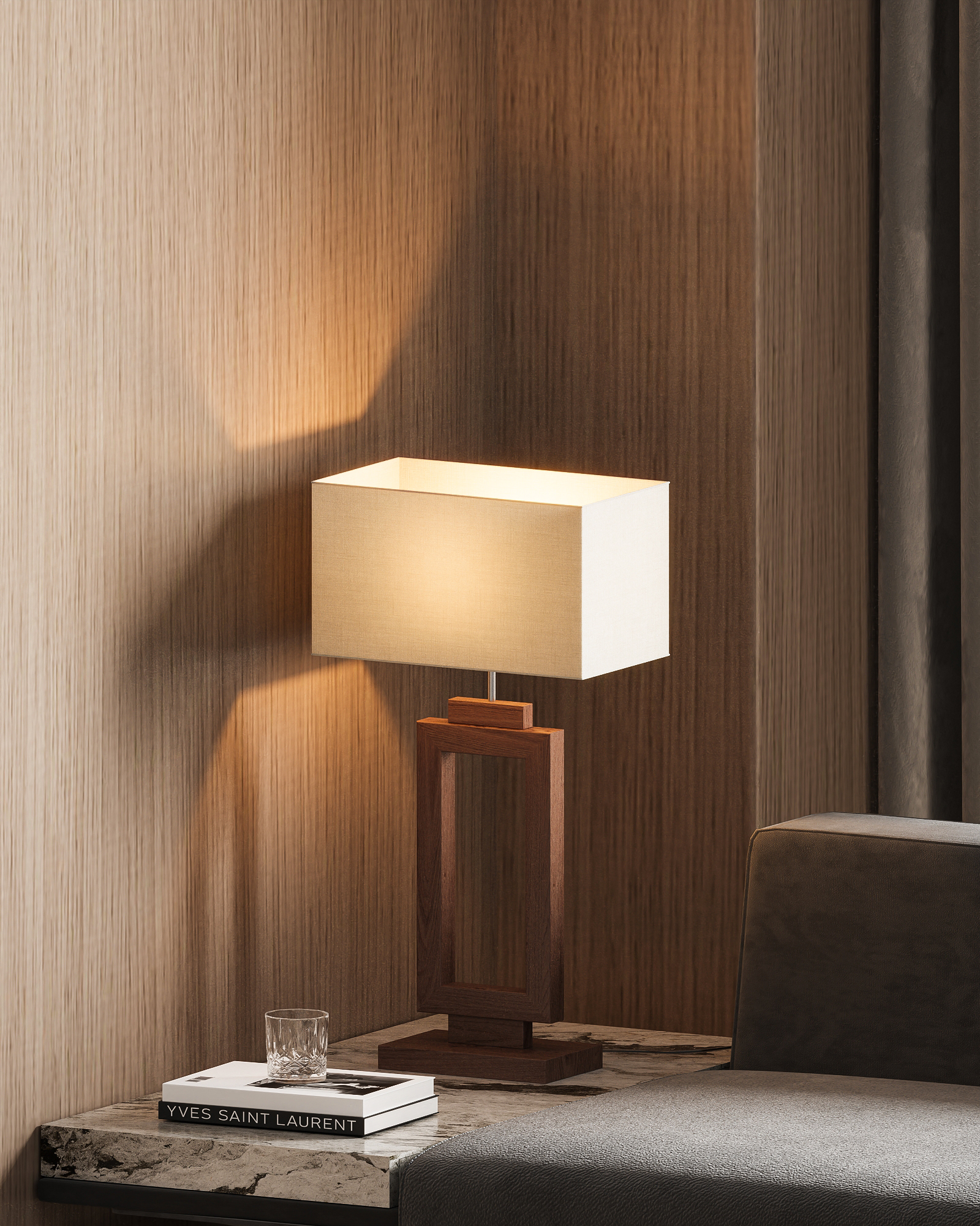 Đèn bàn chao chữ nhật chân gỗ SNT5708