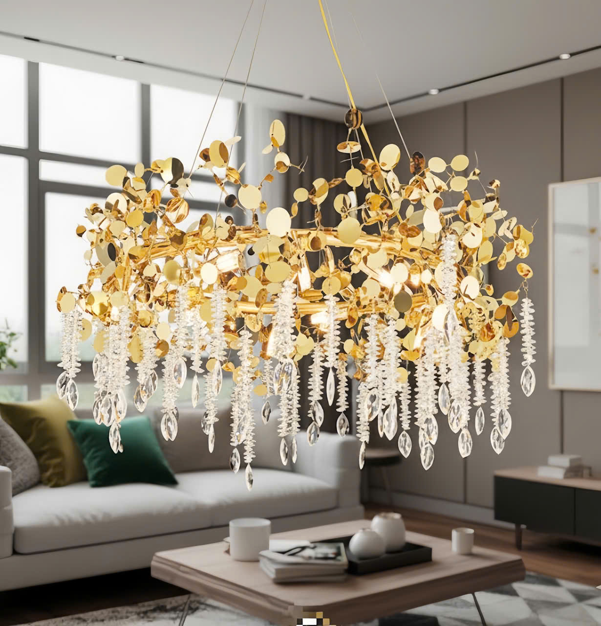 Đèn chùm pha lê vòng tròn lá vàng SNT5990