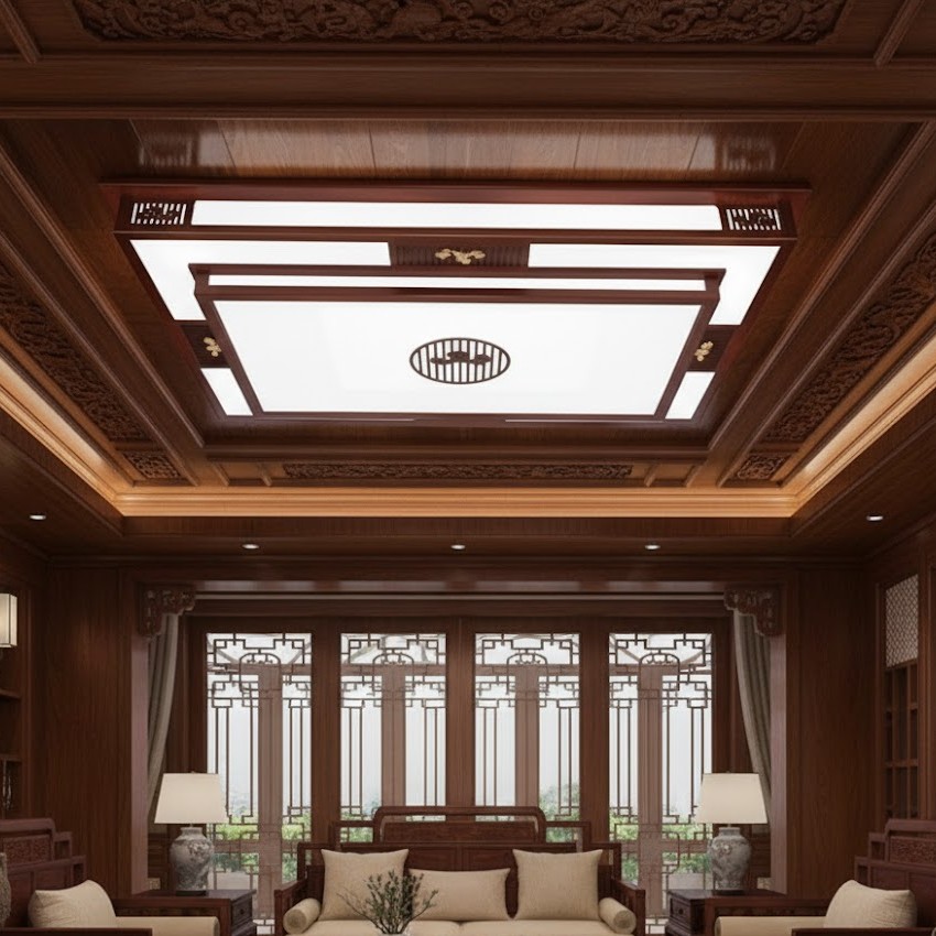 Đèn ốp trần gỗ cổ điển hình chữ nhật SNT5822