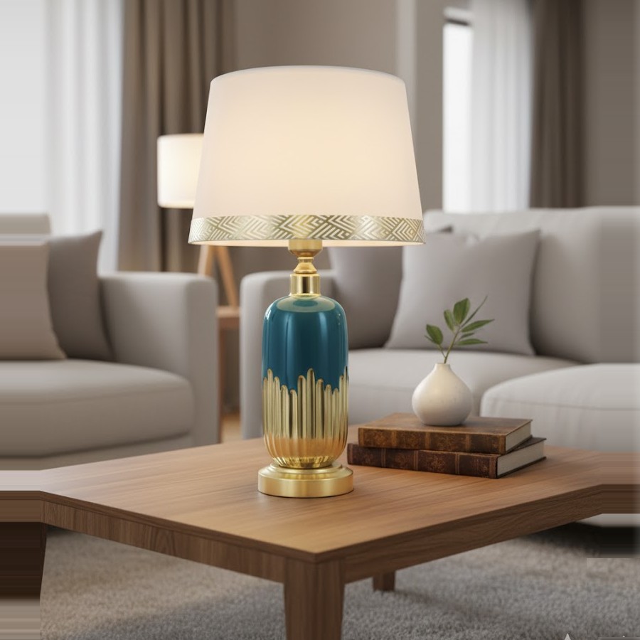 Đèn bàn trang trí gốm sứ là sự kết hợp hoàn hảo giữa vẻ đẹp truyền thống của gốm sứ và phong cách thiết kế hiện đại. Phần thân đèn được tạo hình thanh thoát với gam màu xanh ngọc sâu quyện cùng sắc vàng ánh kim sang trọng, gợi cảm giác ấm áp nhưng vẫn đầy tinh tế. Mỗi chi tiết đều được trau chuốt tỉ mỉ, thể hiện sự khéo léo và đẳng cấp trong chế tác.