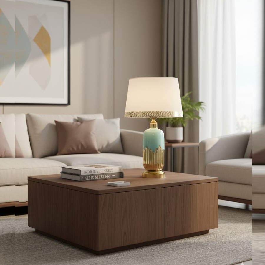 Đèn bàn trang trí gốm sứ là sự kết hợp hoàn hảo giữa vẻ đẹp truyền thống của gốm sứ và phong cách thiết kế hiện đại. Phần thân đèn được tạo hình thanh thoát với gam màu xanh ngọc sâu quyện cùng sắc vàng ánh kim sang trọng, gợi cảm giác ấm áp nhưng vẫn đầy tinh tế. Mỗi chi tiết đều được trau chuốt tỉ mỉ, thể hiện sự khéo léo và đẳng cấp trong chế tác.