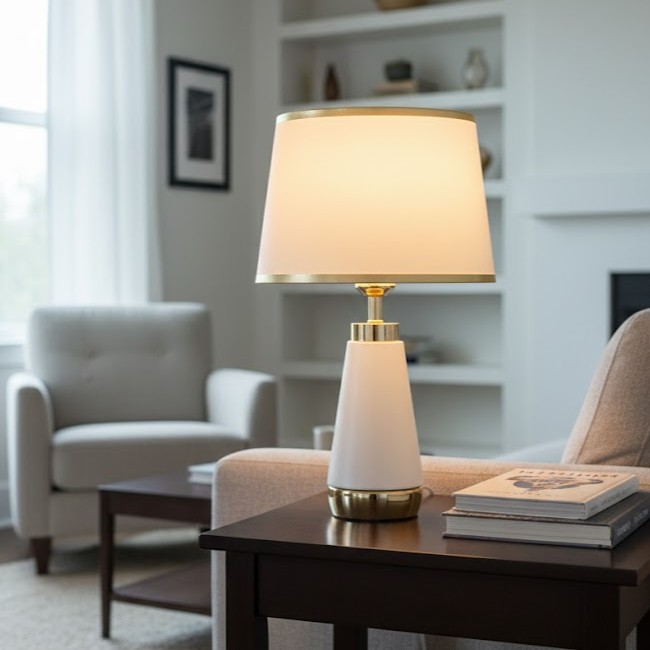 Đèn bàn trang trí chao vải ánh vàng sang trọng mang trong mình thiết kế hiện đại pha lẫn nét cổ điển, là lựa chọn hoàn hảo cho những ai yêu thích không gian sống tinh tế và ấm áp. Sản phẩm nổi bật với gam màu trắng ngọc tinh khôi kết hợp cùng viền vàng ánh kim, tạo nên vẻ đẹp thanh lịch, sang trọng nhưng không kém phần gần gũi.