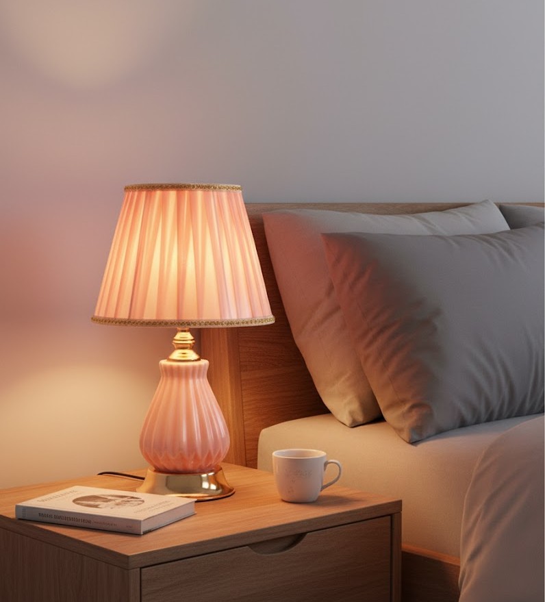 Đèn bàn trang trí phòng ngủ được thiết kế tinh tế với thân đèn gốm sứ phủ men. Tạo cảm giác nhẹ nhàng, thanh thoát nhưng vẫn toát lên sự sang trọng. Phần chao đèn vải gấp nếp mềm mại, ánh sáng hắt ra nhẹ nhàng lan tỏa khắp không gian. Giúp bạn thư giãn sau một ngày dài mệt mỏi. Khi ánh đèn được bật lên, gam màu ấm áp hòa quyện cùng sắc hồng nhẹ, mang đến cảm giác an yên, lãng mạn cho căn phòng ngủ.