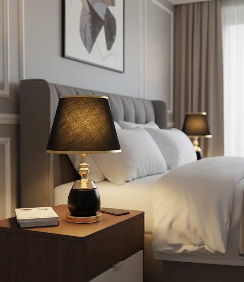 Đèn bàn trang trí cổ điển là lựa chọn hoàn hảo cho những ai yêu thích phong cách quý phái và đậm chất châu Âu. Với thiết kế tinh tế, phần thân đèn được chế tác từ chất liệu kim loại phủ sơn đen nhám kết hợp cùng các chi tiết mạ vàng sang trọng. Tạo nên một tổng thể đầy quyền quý và đẳng cấp. Chao đèn màu đen phối viền vàng làm nổi bật ánh sáng ấm áp, giúp không gian trở nên huyền ảo và cuốn hút hơn bao giờ hết.