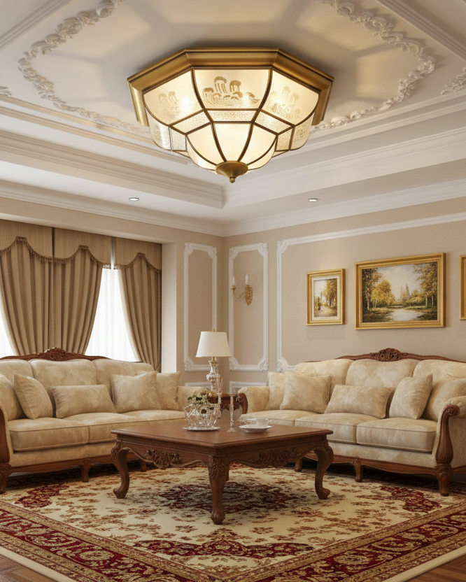 Đèn mâm ốp trần đồng tân cổ điển SNT6189 thiết kế hình dạng đa giác mang phong cách Tân Cổ Điển trang nhã. Khung đèn được làm bằng đồng nguyên chất cao cấp