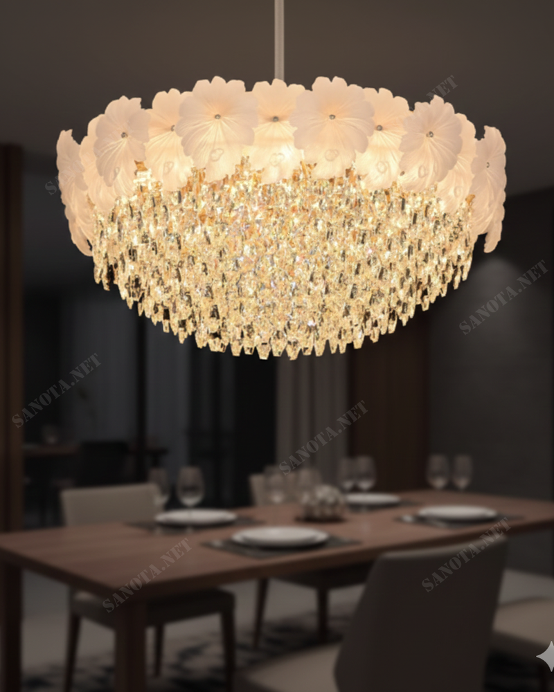 Đèn ốp trần pha lê viền hoa SNT6203 có kiểu dáng tròn với thiết kế phân tầng ấn tượng. Tầng trên cùng là một vòng đai hoa chế tác tinh xảo từ thủy tinh mờ