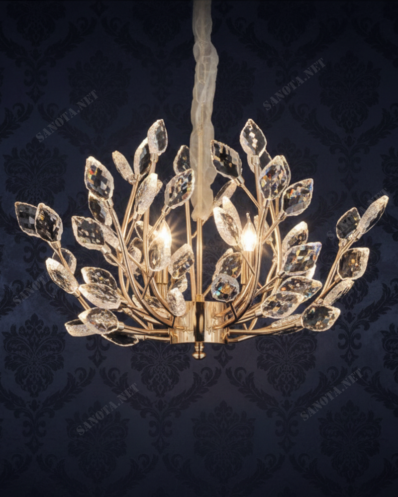 Đèn chùm pha lê tán lá kim sang trọng SNT6238 - phủ lớp hoàn thiện ánh vàng sang trọng, tạo nên nền tảng vững chắc cho hệ thống “cành lá” tỏa ra đều...
