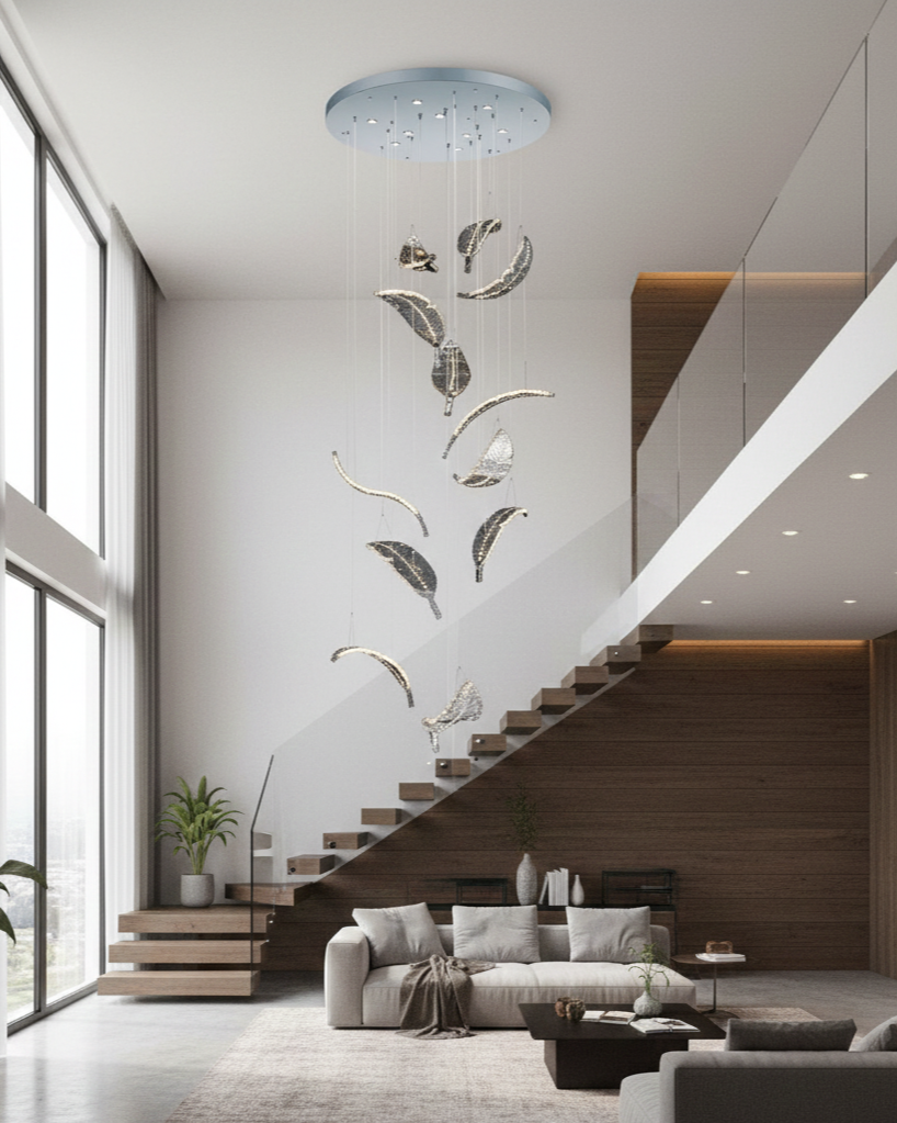 Đèn thả thông tầng lông vũ SNT6292 các chi tiết pha lê hình dáng tựa như những chiếc lông vũ cong mềm mại được sắp đặt ngẫu nhiên nhưng đầy tính nghệ thuật