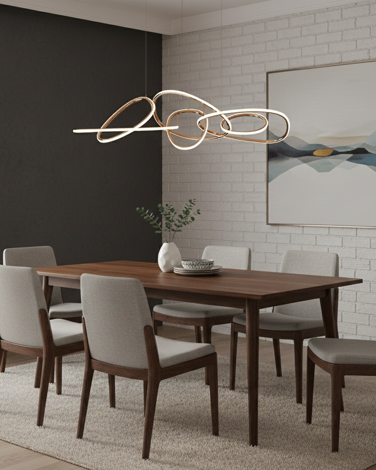 Đèn thả bàn ăn mắt xích inox hồng SNT6301 thiết kế gồm các vòng oval bất đối xứng đan xen vào nhau tựa như những mắt xích nghệ thuật đầy ngẫu hứng...