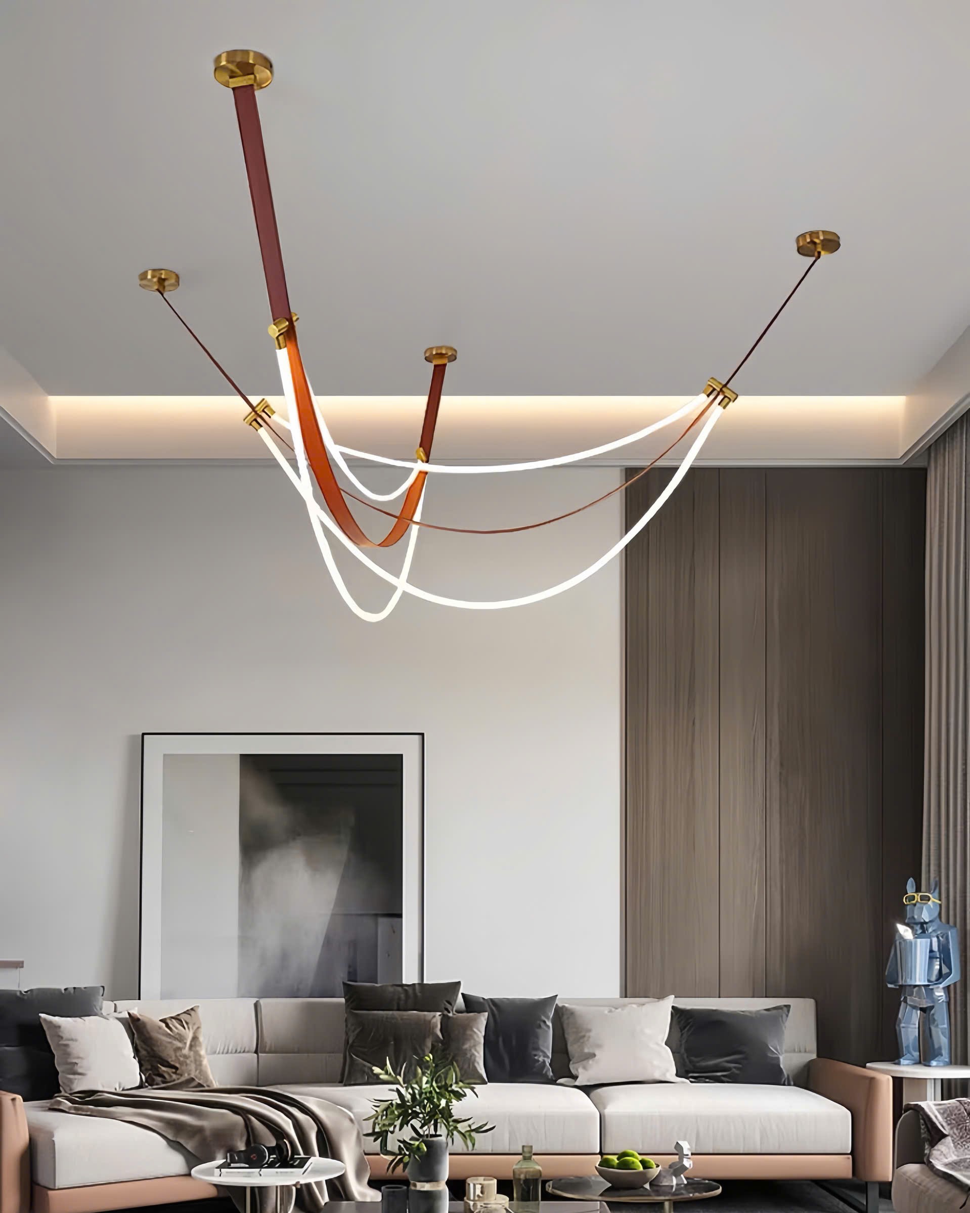 Đèn thả dây da đan nghệ thuật SNT6307 nổi bật với cấu trúc treo trần lạ mắt. Mô phỏng hình ảnh những chiếc dây đai được uốn cong duyên dáng...